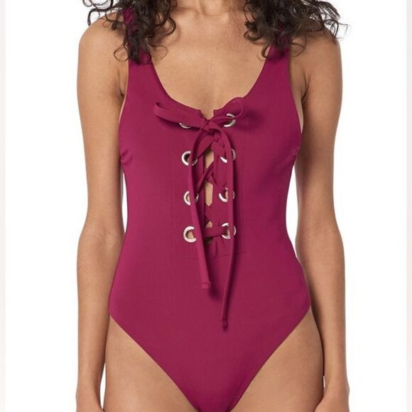 Mara Hoffman $245 Desa Lace-Up One-Piece Swimsuit in RED - Picture 4 of 7